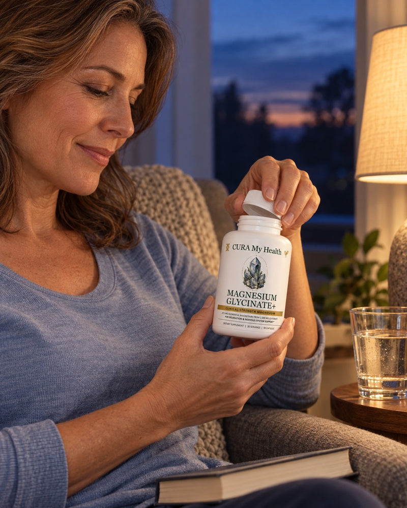 Woman opening Magnesium Glycinate+ in her armchair at dusk
