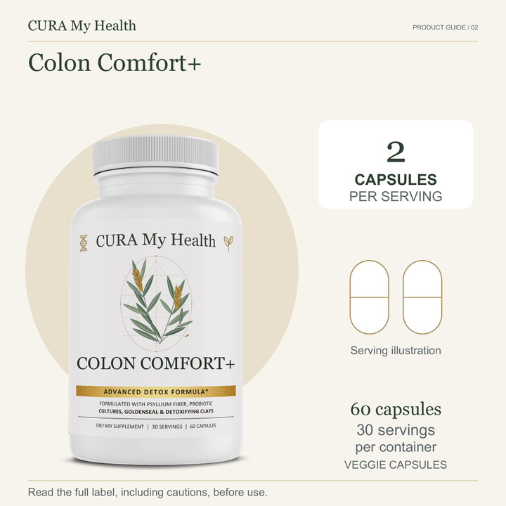 Colon Comfort+ bottle with 2 capsules per serving and 60 veggie capsules