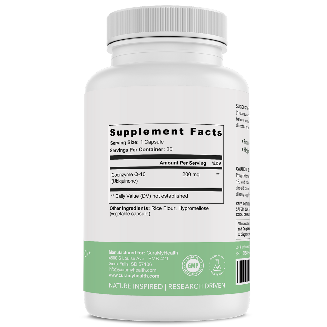 CoQ10+ supplement facts label by CuraMyHealth