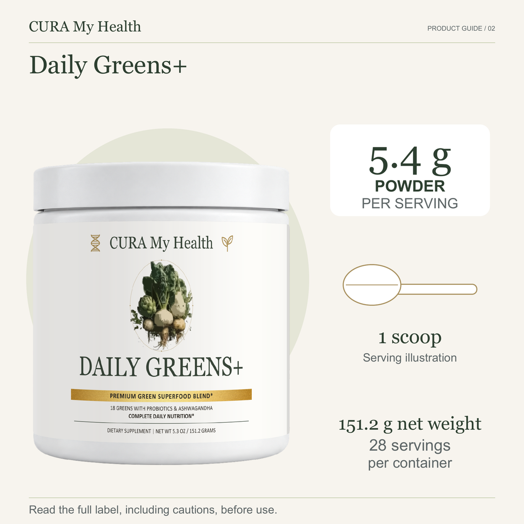 Daily Greens+ tub with a 5.4 g scoop per serving