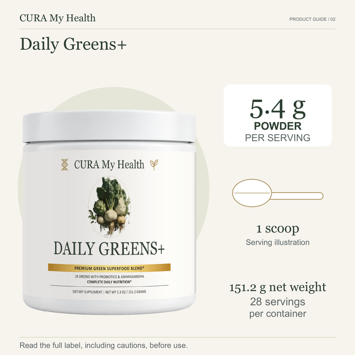 Daily Greens+ tub with a 5.4 g scoop per serving
