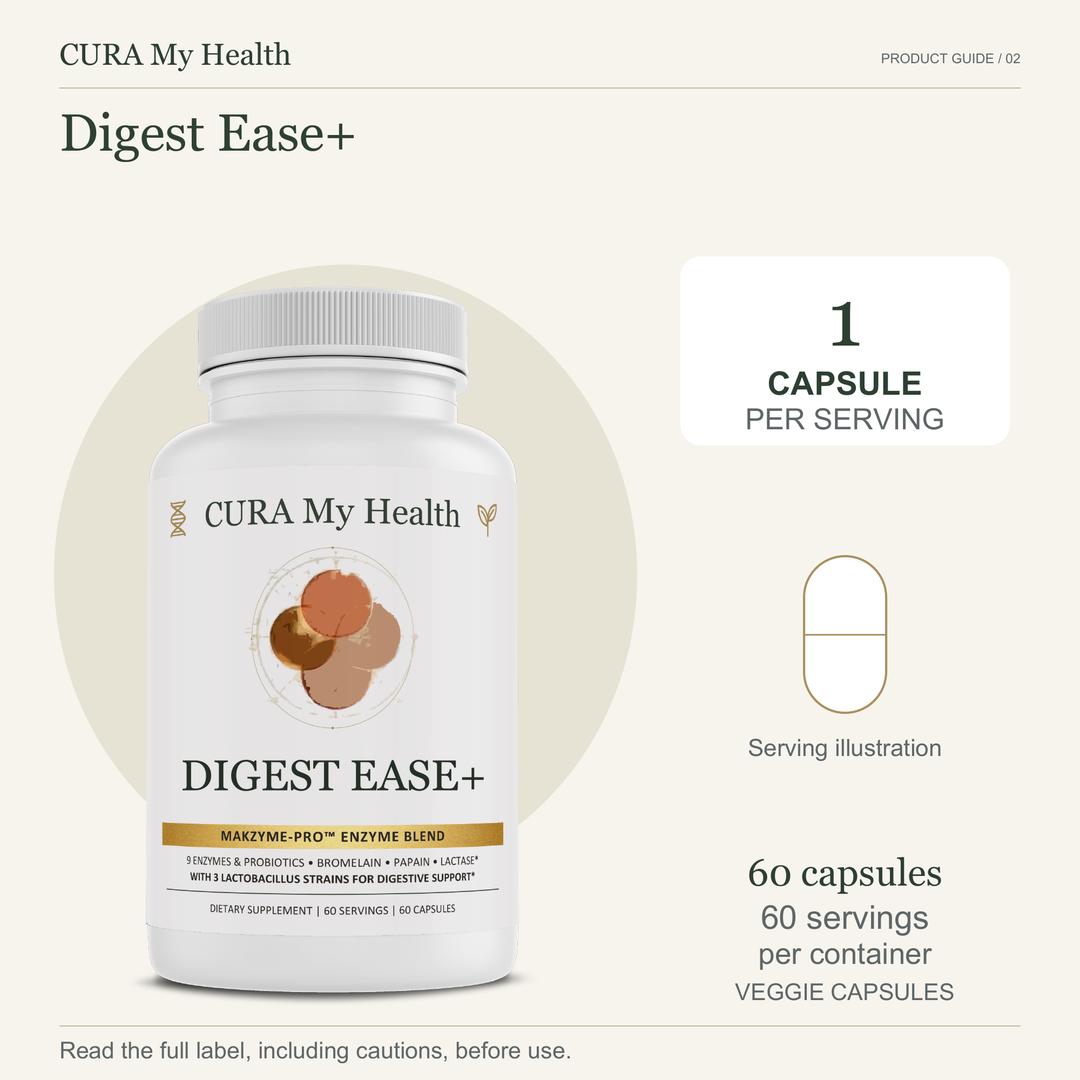 Digest Ease+ bottle with 1 capsule per serving and 60 veggie capsules