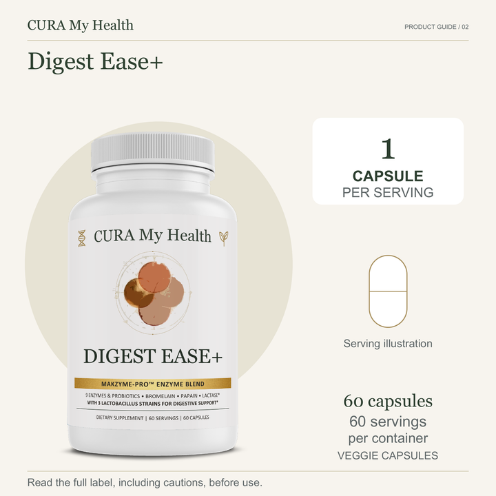 Digest Ease+ bottle with 1 capsule per serving and 60 veggie capsules
