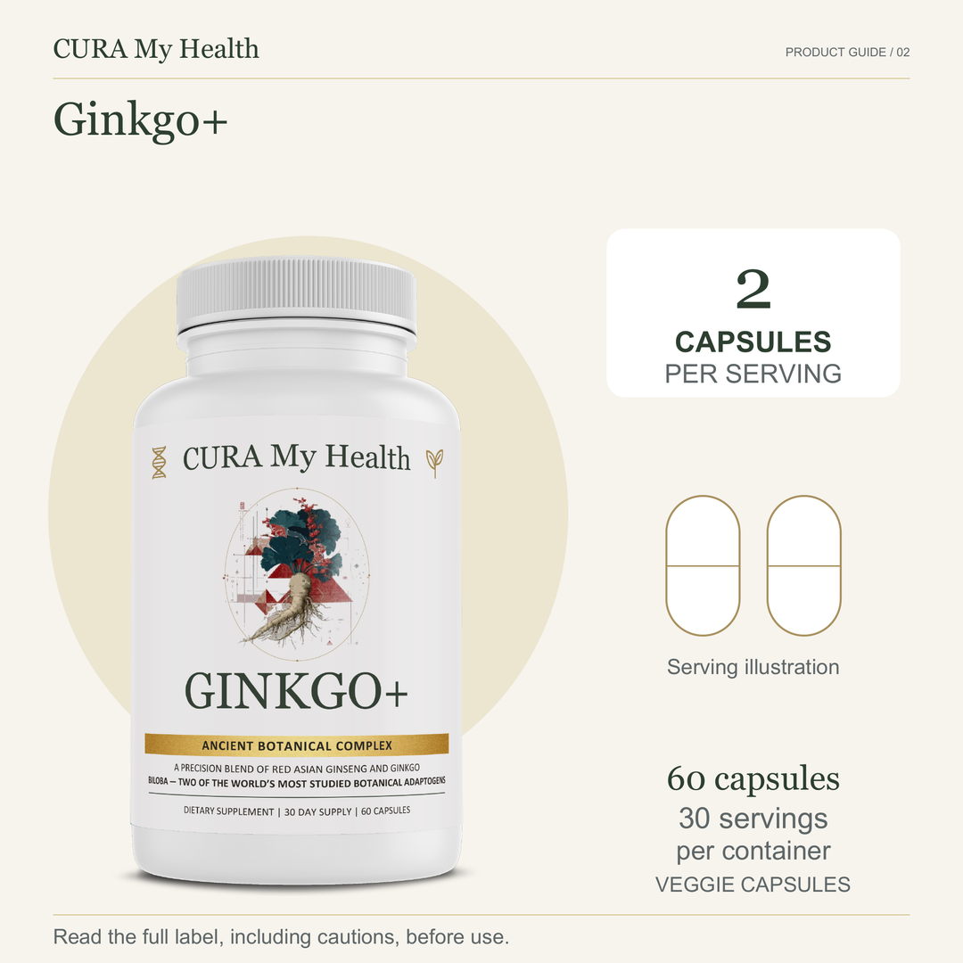 Ginkgo+ bottle with 2 capsules per serving and 60 veggie capsules
