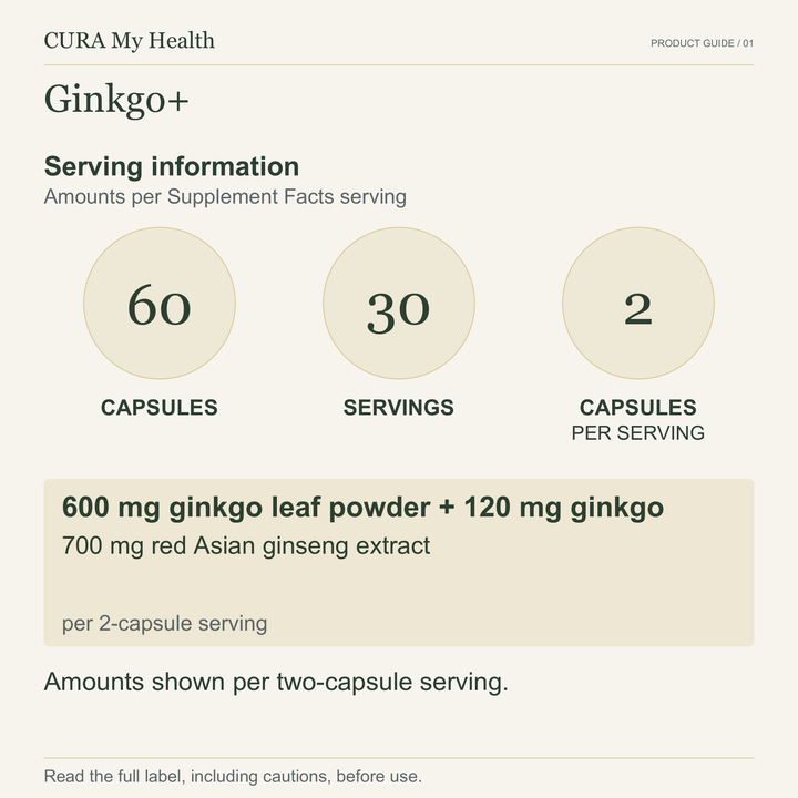 Ginkgo+ serving information: 60 capsules, 30 servings, 30-day supply