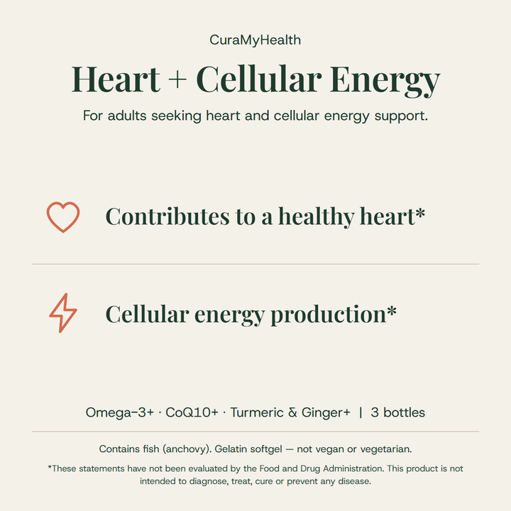CuraMyHealth Heart and Cellular Energy Bundle audience and benefits card: For adults seeking heart and cellular energy support. Contributes to a healthy heart; Cellular energy production.