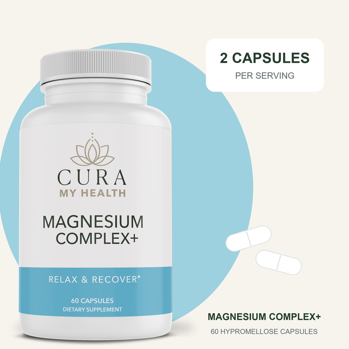 Magnesium Complex+ bottle with two capsules showing the serving size