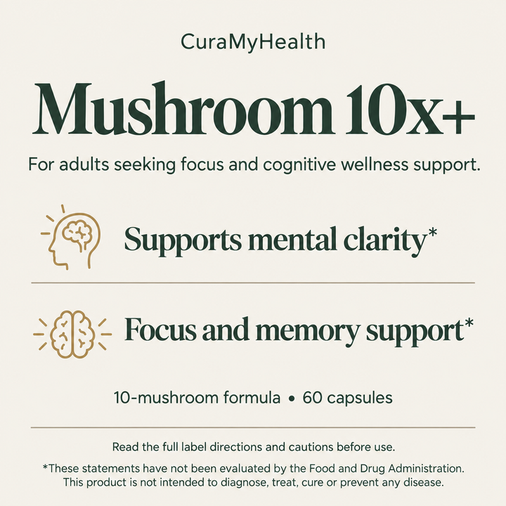 CuraMyHealth Mushroom 10x+ audience and benefits card: For adults seeking focus and cognitive wellness support. Supports mental clarity; Focus and memory support.