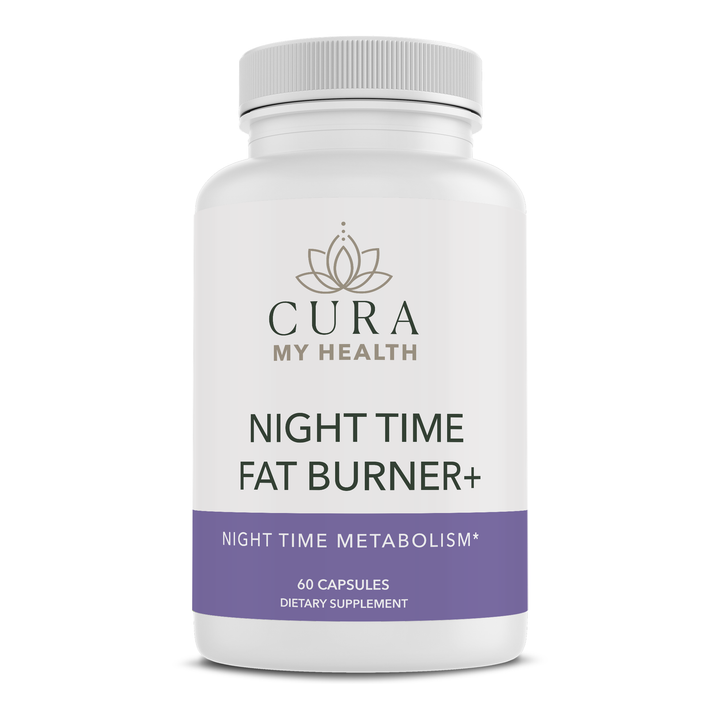 CuraMyHealth Night Time Fat Burner+ supplement bottle, front view