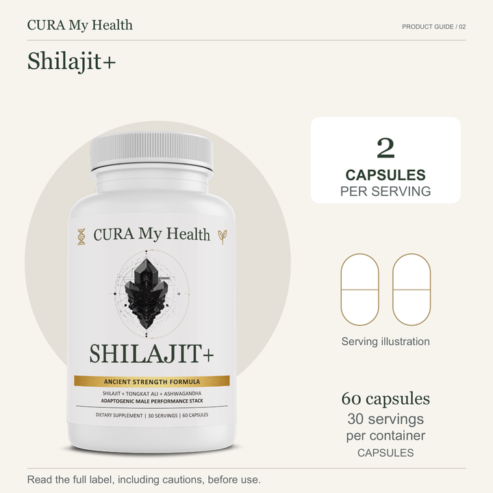 Shilajit+ bottle with 2 capsules per serving and 60 capsules