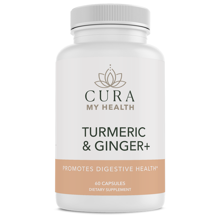 Turmeric &amp; Ginger+ supplement bottle front view by CuraMyHealth