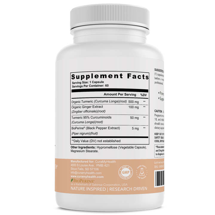 Turmeric &amp; Ginger+ supplement facts label by CuraMyHealth