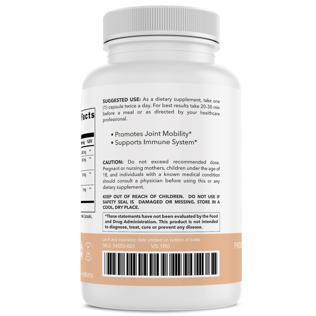 Turmeric &amp; Ginger+ bottle back with usage directions by CuraMyHealth
